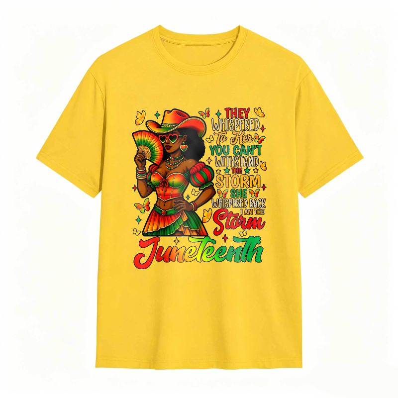 Juneteenth Celebration Woman In Colorful Dress Holding Fan With Inspirational Quote T-shirt