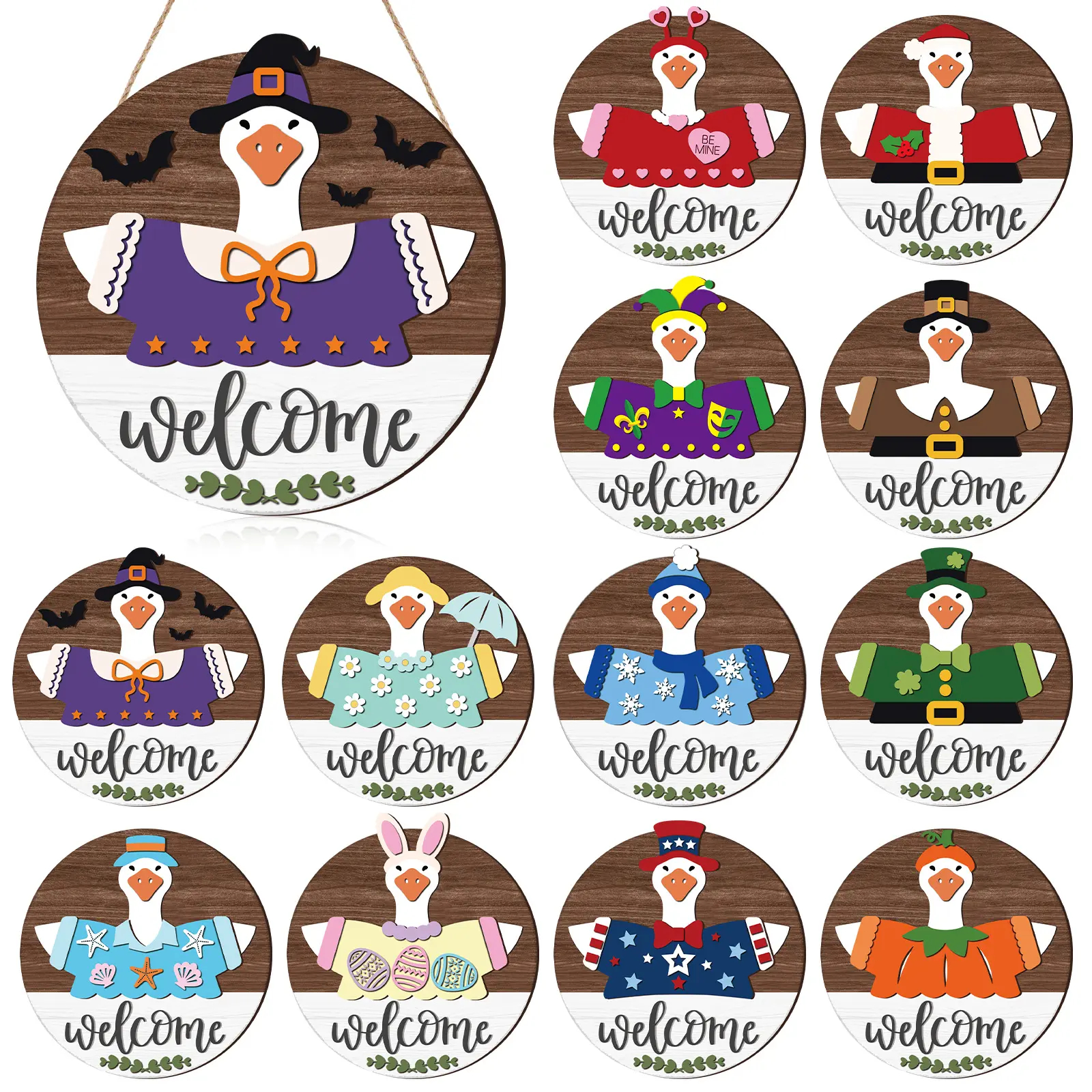 Magnetic Interchangeable Goose Sign - Rustic Farmhouse Wooden Welcome Decor, Halloween Things for Front Door Porch Accessories, House Decor Entryway Hanging Housewarming Gift, Wall Hanging