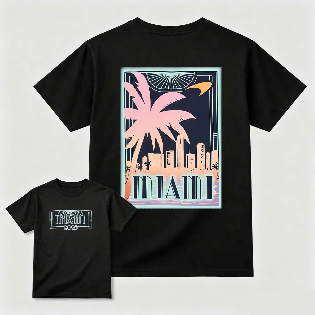 Miami Cityscape Palm Tree Art T-Shirt Black Unisex Design