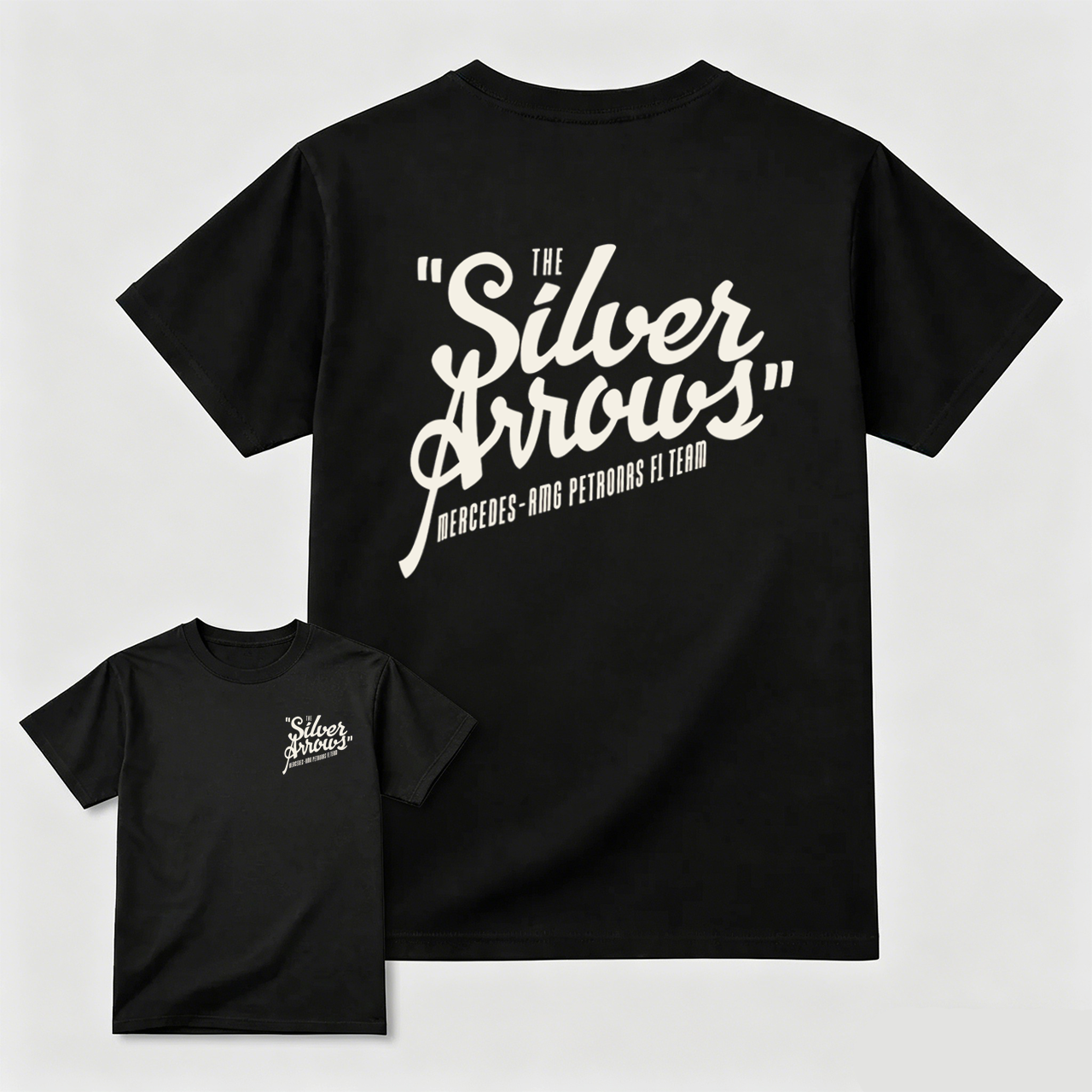 The Silver Arrows Mercedes Benz Petronas F1 Team T-Shirt Black Men Women Unisex Casual Wear