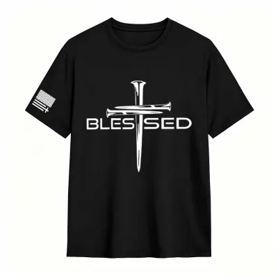 Mens Christian Shirt Nail Cross Blessed Short Sleeve T-shirt Graphic Tee