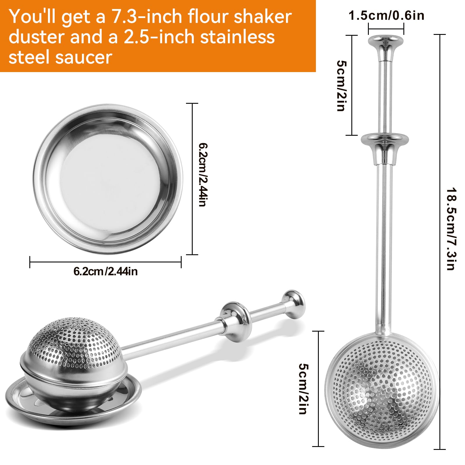 🥐 304 Stainless Steel Handheld Flour Duster Sifter with Storage Saucer, One-Hand Spring Powder Shaker for Baking Powder, Spices & Loose Leaf Tea