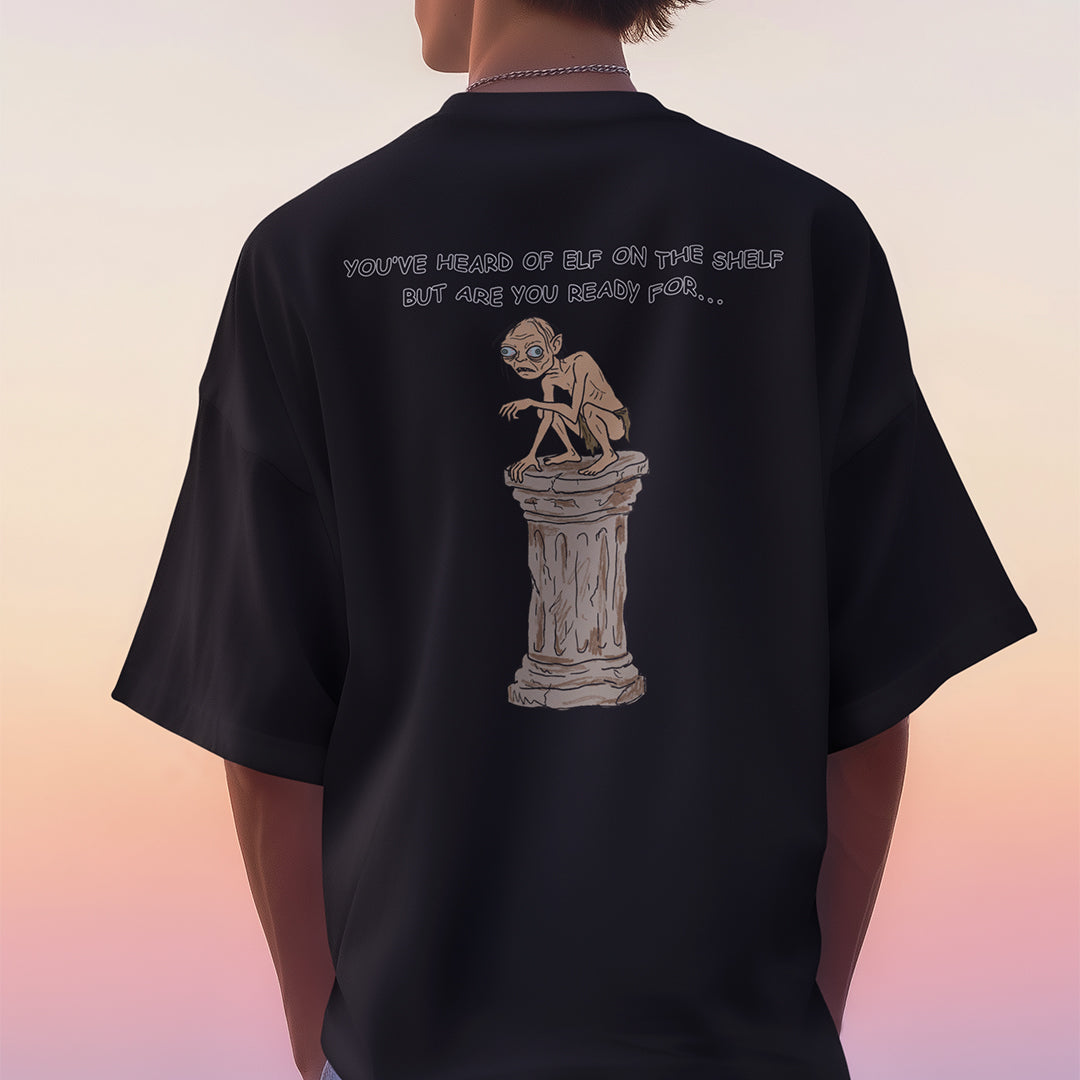 You've heard of elf on the shelf but are you ready for Gollum on a Collumn T-Shirt (backprint)