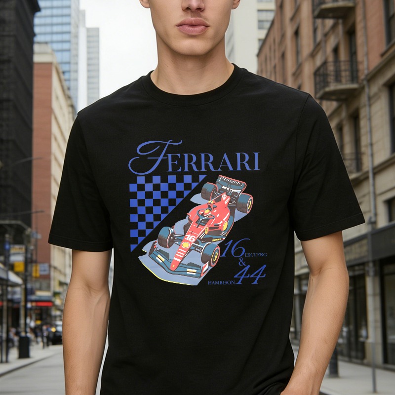 Ferrari Racing Car With Checkered Flag And Numbers 16 And 44 Unisex Classic T-shirt