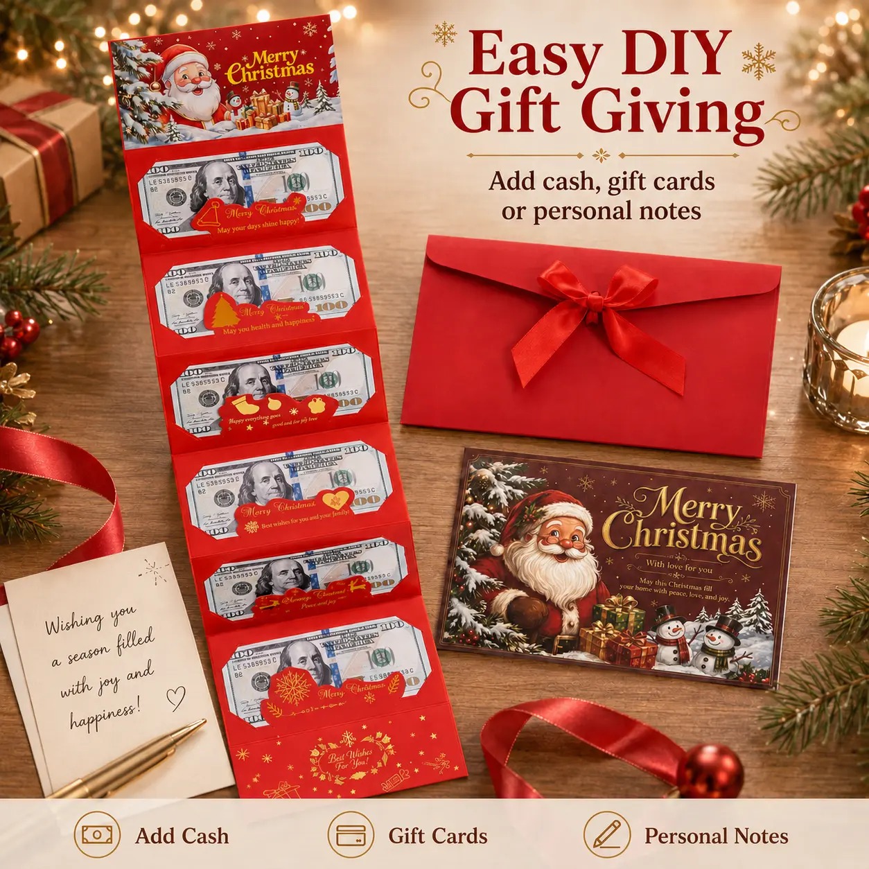 4/2 Pcs Christmas Money Envelope for Cash,Creative Folding Money Holder with 6 Slots,Luxury Paper Cash Gift Card Holder, DIY HolidayMoney Gift Envelope for Xmas, Women Men GirlsBoys Mom Dad