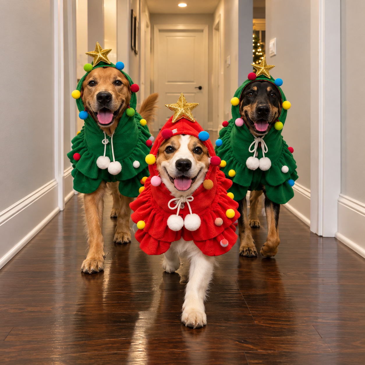 Three dogs wearing green and red Christmas tree costumes