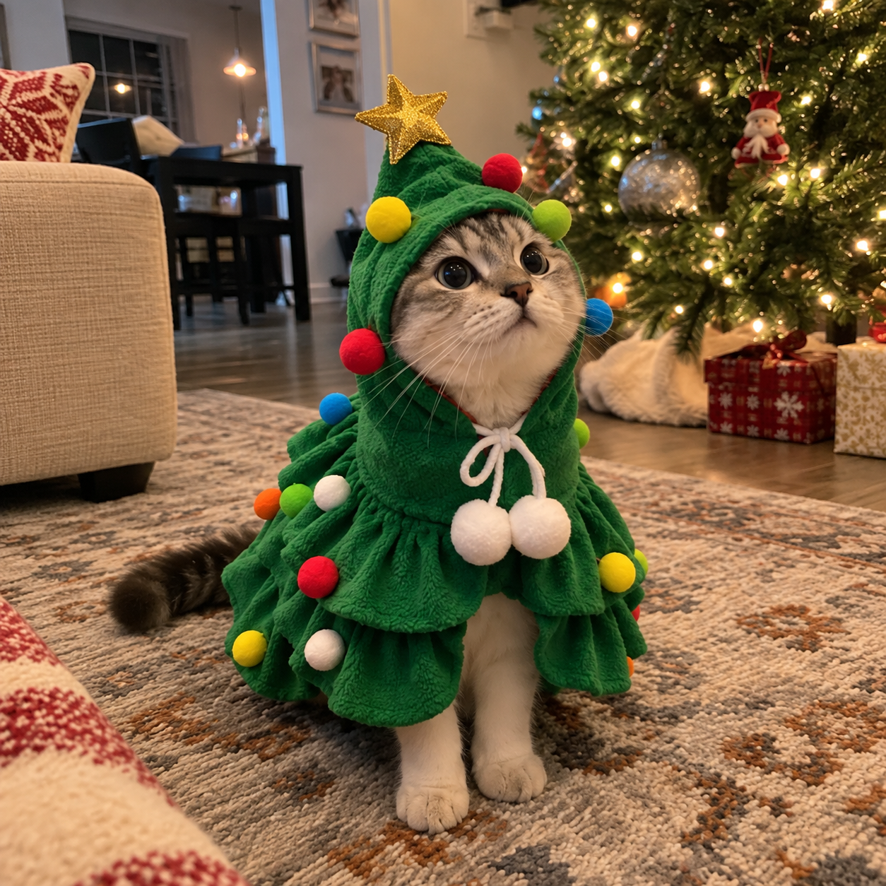 Cat wearing a green Christmas tree pet costume