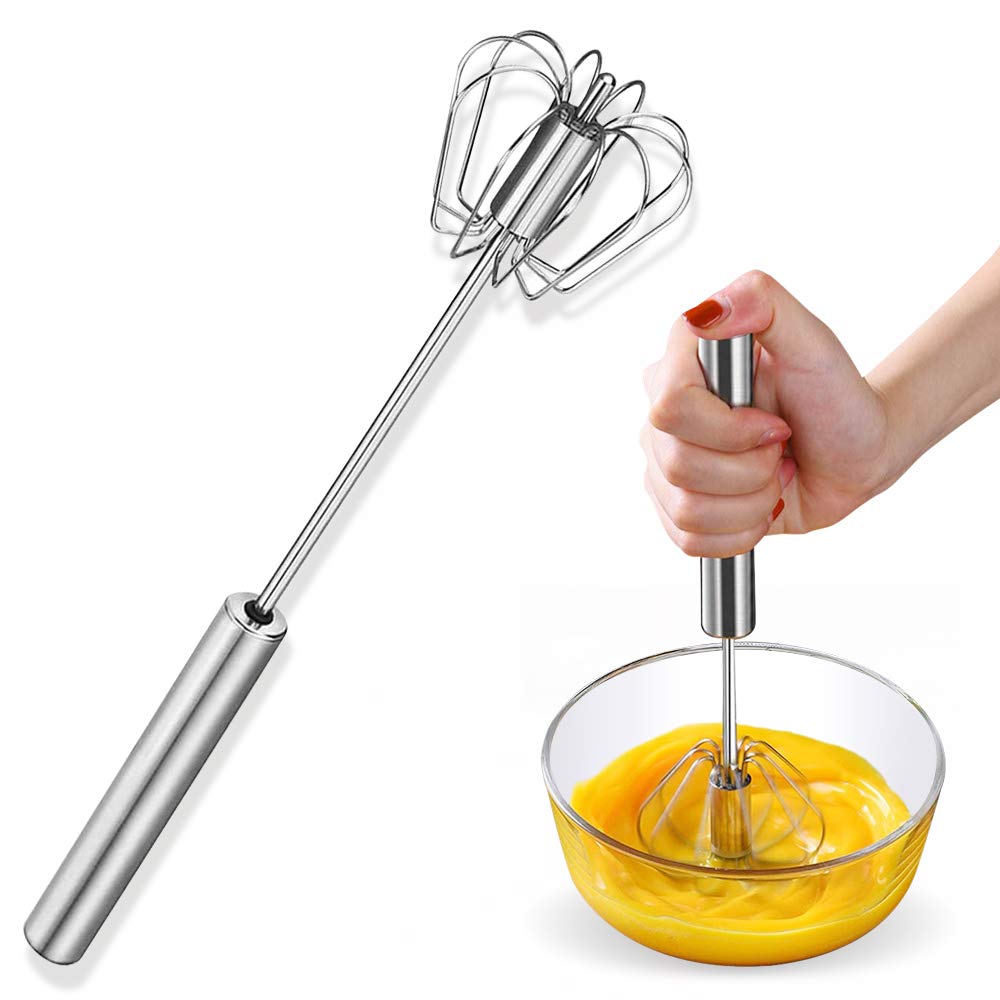 Stainless Steel Rotary Push Whisk, Semi Automatic Hand Push Egg Beater for Baking Cream Pancake Mixing