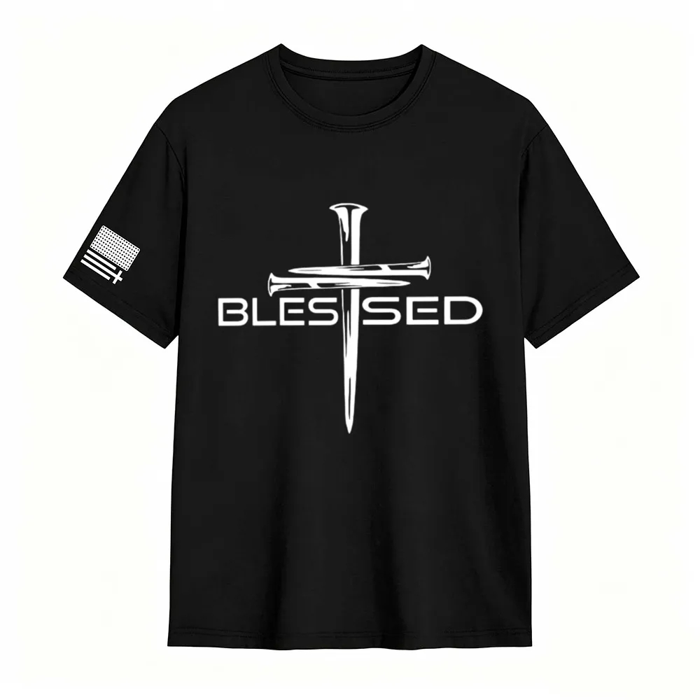 Mens Christian Shirt Nail Cross Blessed Short Sleeve T-shirt Graphic Tee