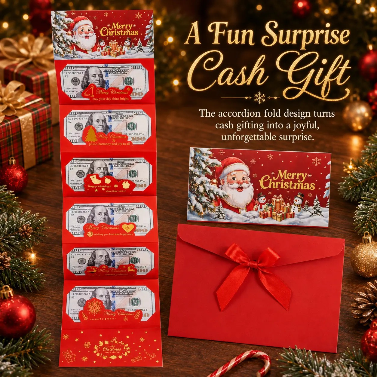 4/2 Pcs Christmas Money Envelope for Cash,Creative Folding Money Holder with 6 Slots,Luxury Paper Cash Gift Card Holder, DIY HolidayMoney Gift Envelope for Xmas, Women Men GirlsBoys Mom Dad