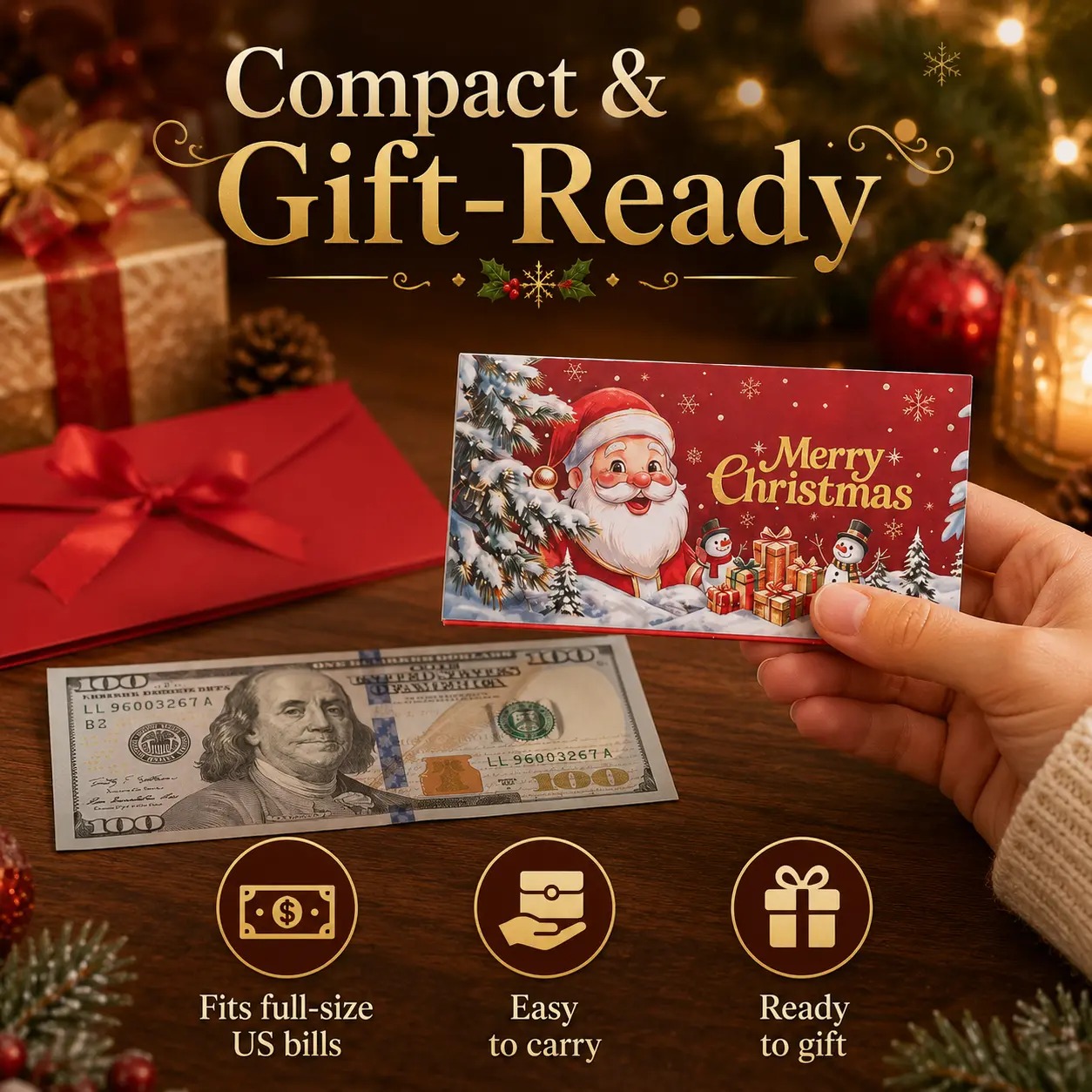 4/2 Pcs Christmas Money Envelope for Cash,Creative Folding Money Holder with 6 Slots,Luxury Paper Cash Gift Card Holder, DIY HolidayMoney Gift Envelope for Xmas, Women Men GirlsBoys Mom Dad