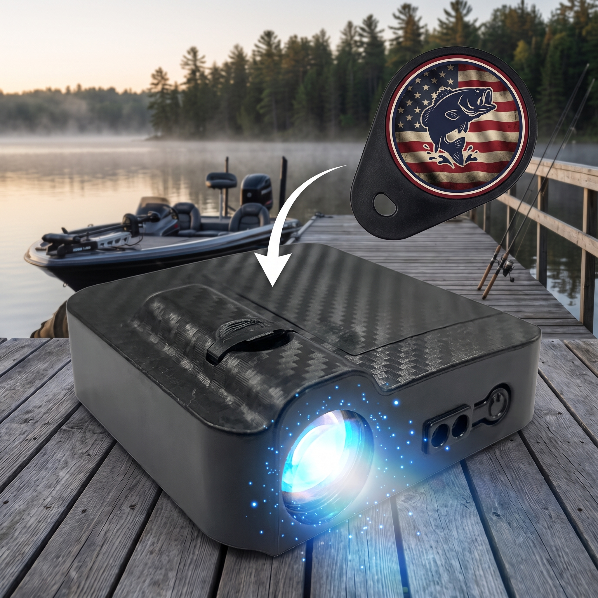 Wireless Car Door Logo Projector Light, American Flag Bass Fishing Welcome Courtesy Lamp