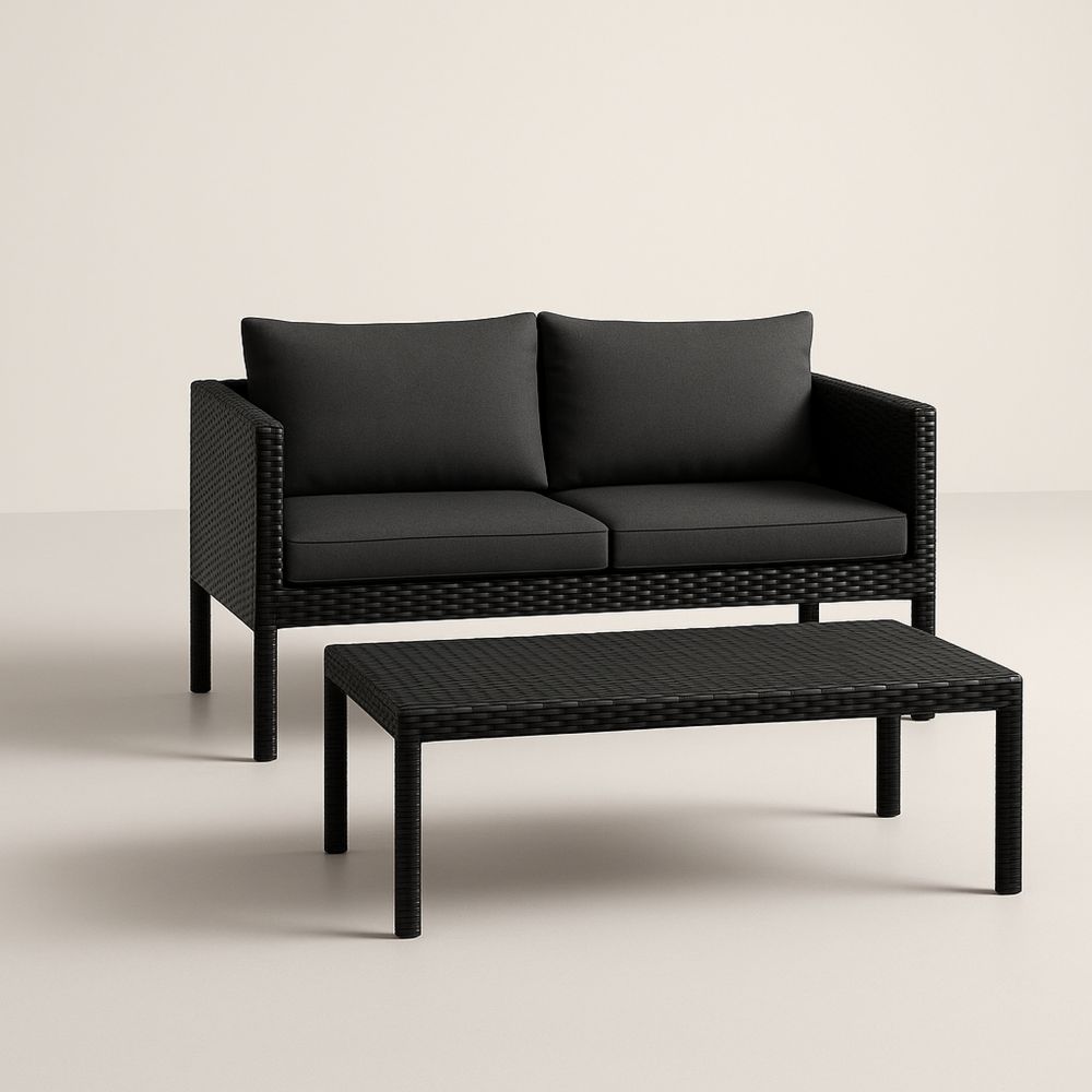 Fekete Rattan Kerti Bútor Szett Párnás Kanapéval és Asztallal