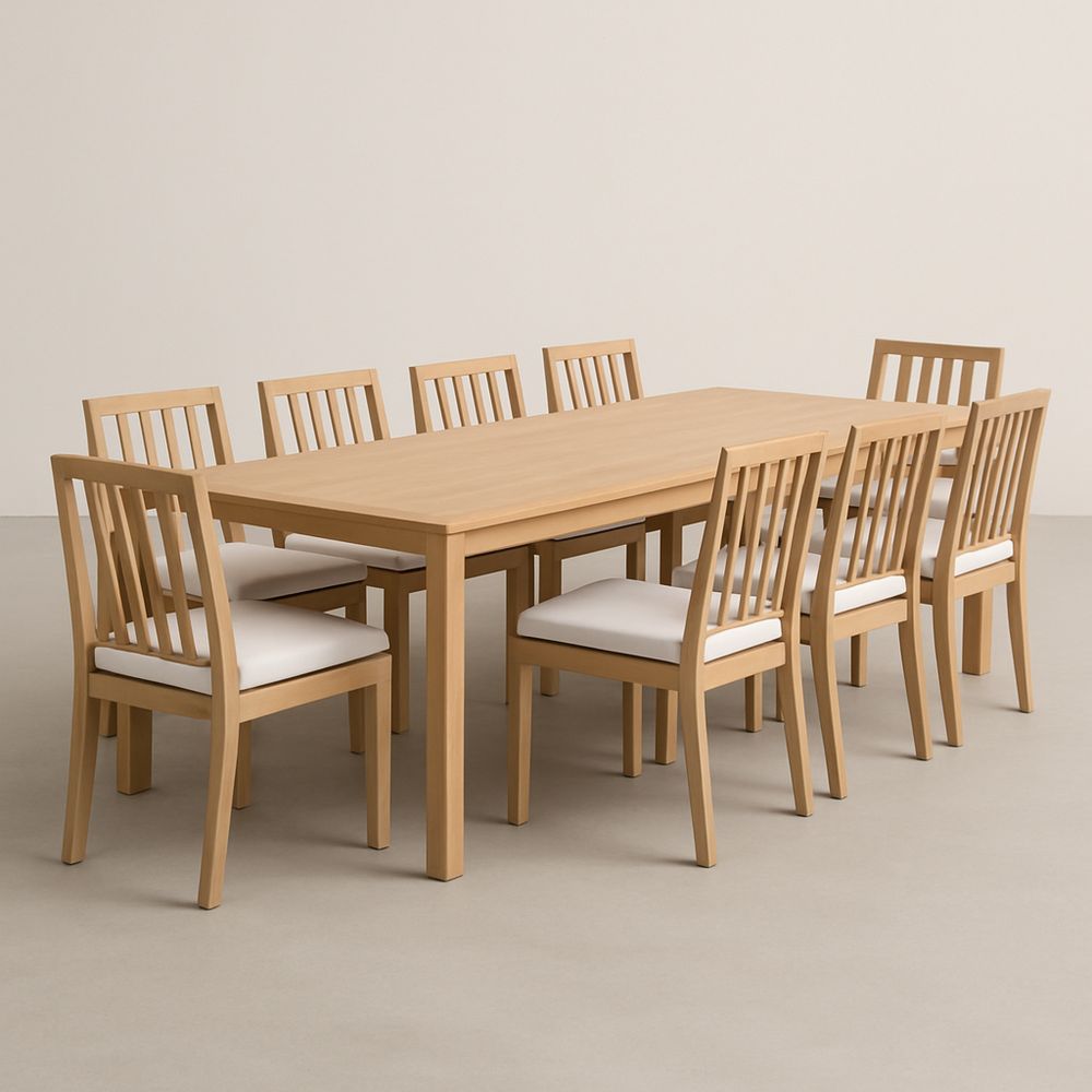 Tömörfa étkezőasztal szett 8 székkel fehér párnázattal