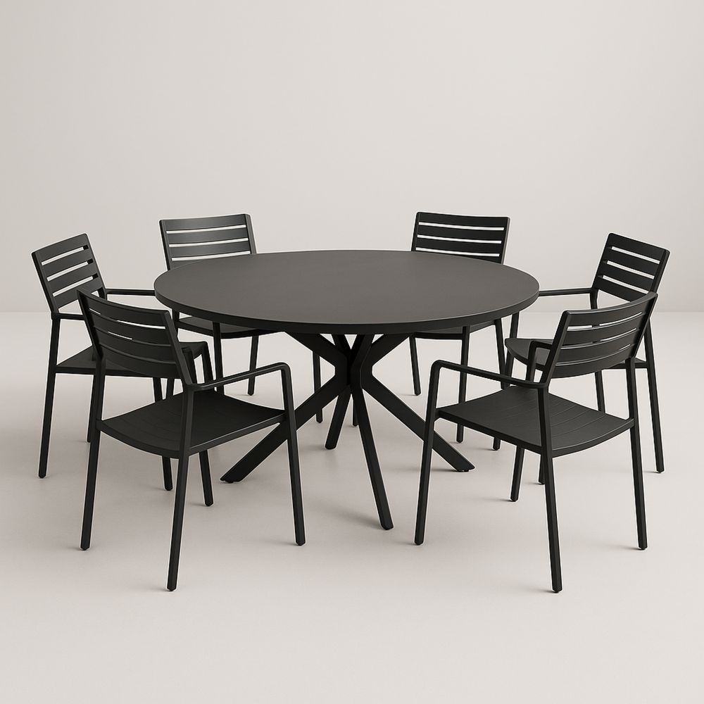 Fekete kerti étkezőgarnitúra 7 darabos acél asztallal 150 cm