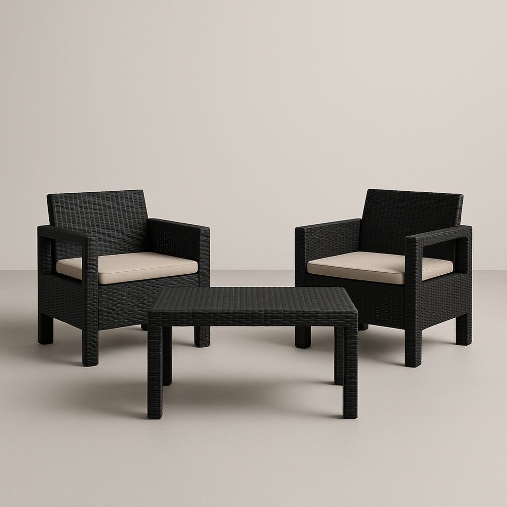 Kerti ülőgarnitúra szett műanyag fonott fekete 2 db fotel és asztal párnákkal