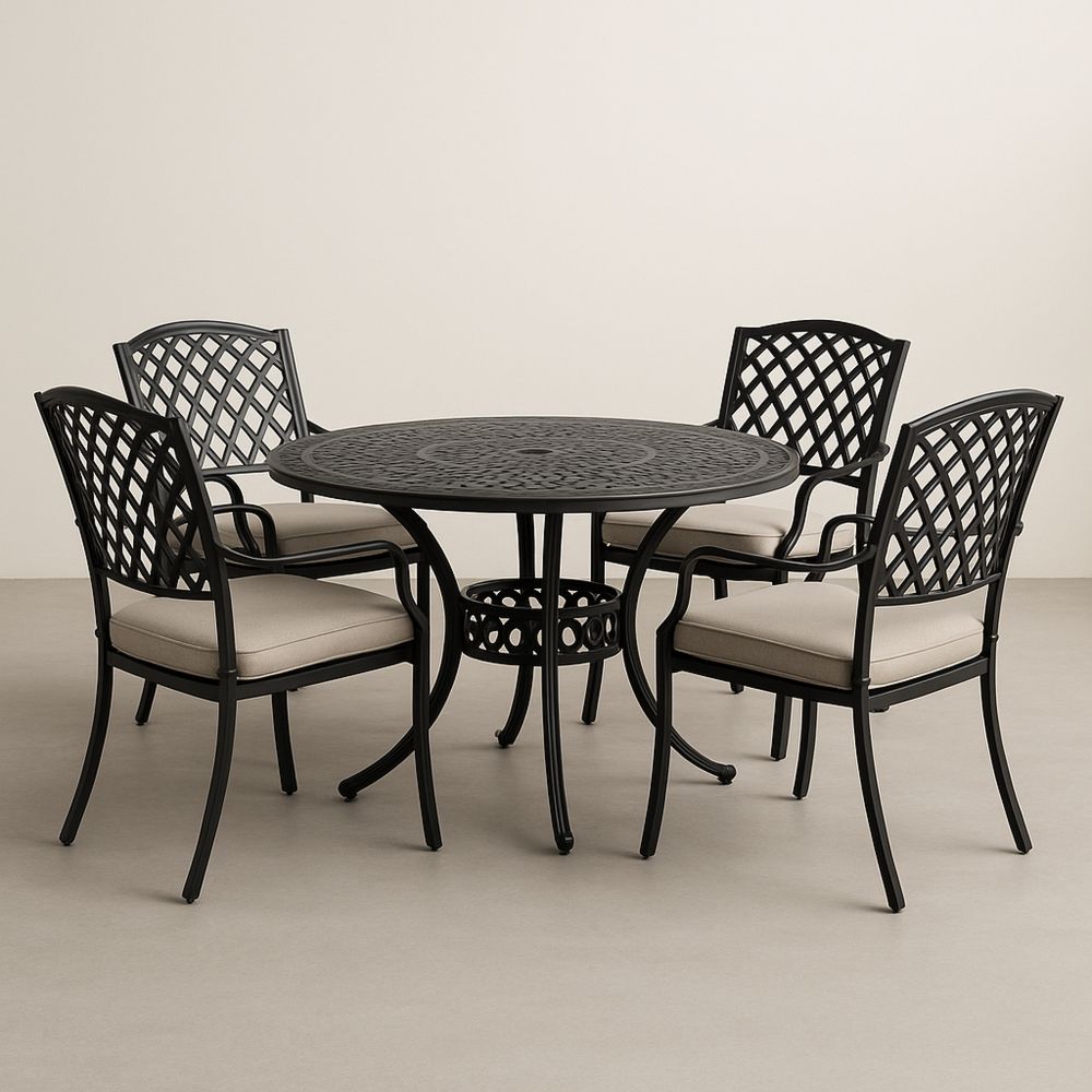 Kültéri alumínium étkezőgarnitúra kerek asztallal és négy székkel