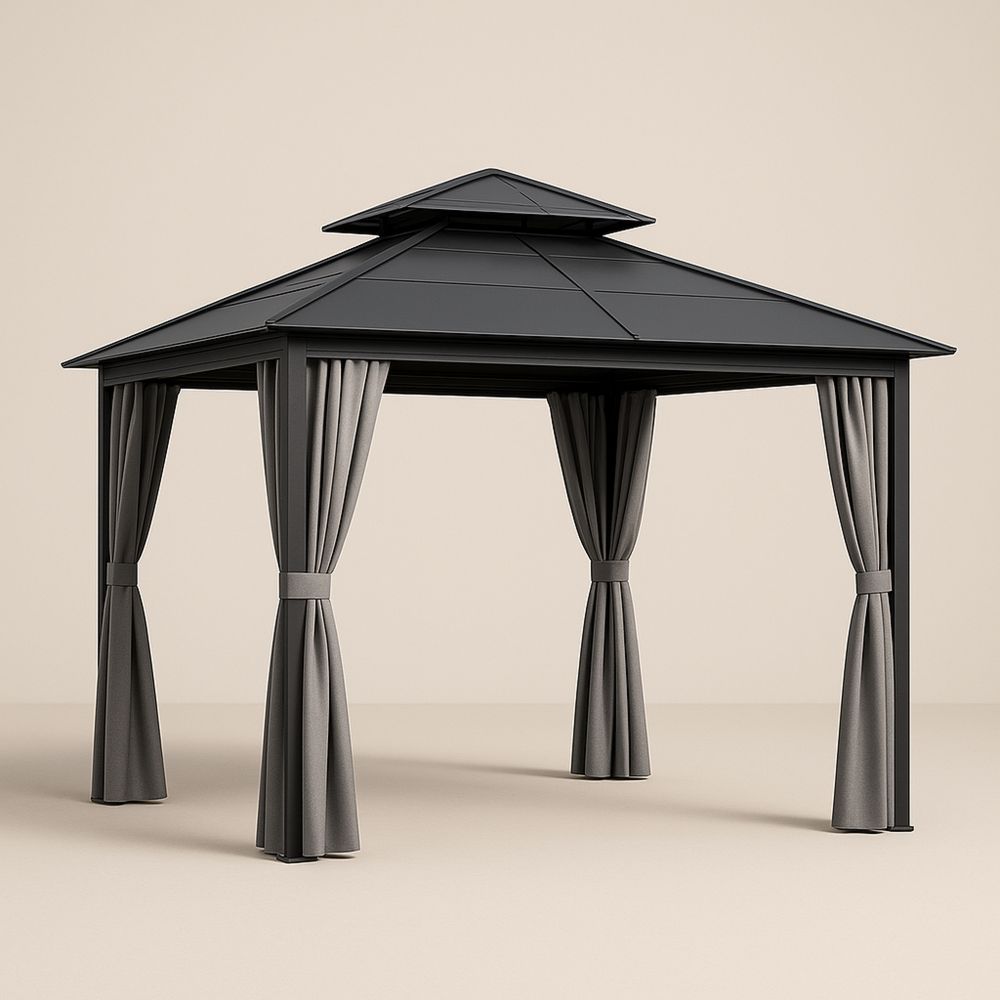 Kültéri pavilon acél vázszerkezettel poliészter tetővel és oldalfalakkal antracit színben