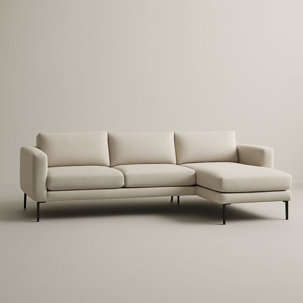 L alakú sarokkanapé világos bézs szövet fekete lábakkal