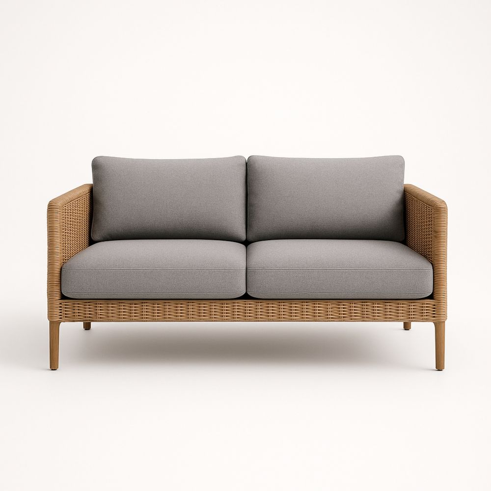 Kétszemélyes szövet kanapé rattan kerettel és szürke huzattal