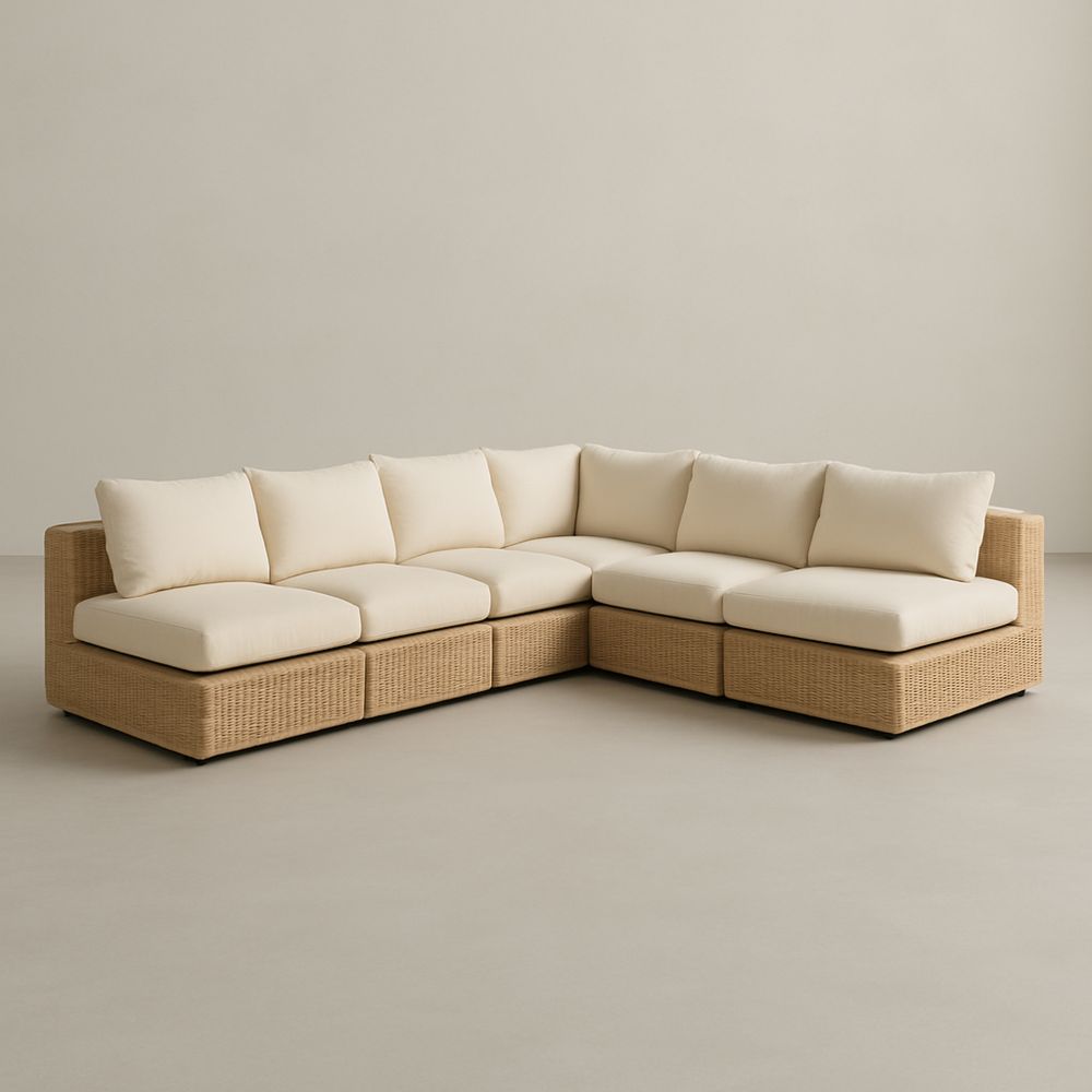 Sarokgarnitúra bézs párnákkal, rattan keret, 250 cm x 250 cm