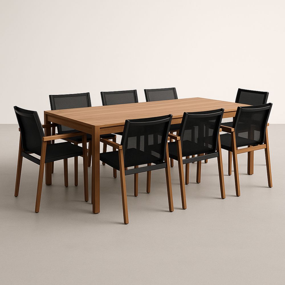 Fa étkezőasztal garnitúra 8 fekete hálós alumínium keretes székekkel