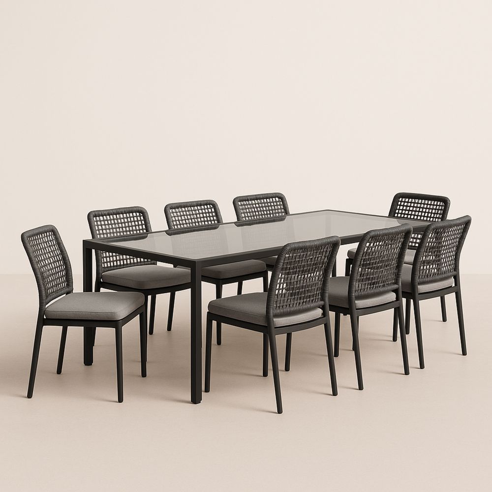 8 fős kültéri étkező garnitúra üvegasztallal és fonott székekkel