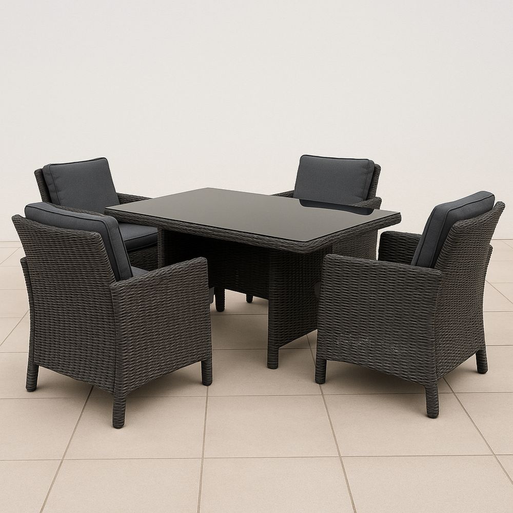 Kerti bútor készlet edzett üveglappal és párnázott székekkel, 5 darabos műrattan fekete