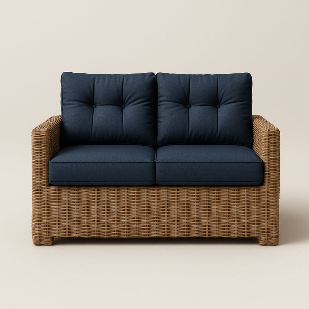 Kétszemélyes fonott kanapé poliészter párnákkal kék/barna