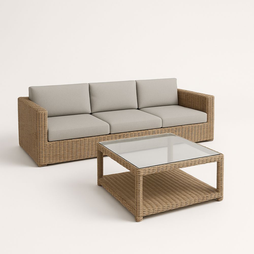 Kültéri fonott kanapé és üvegasztal szett szürke és barna