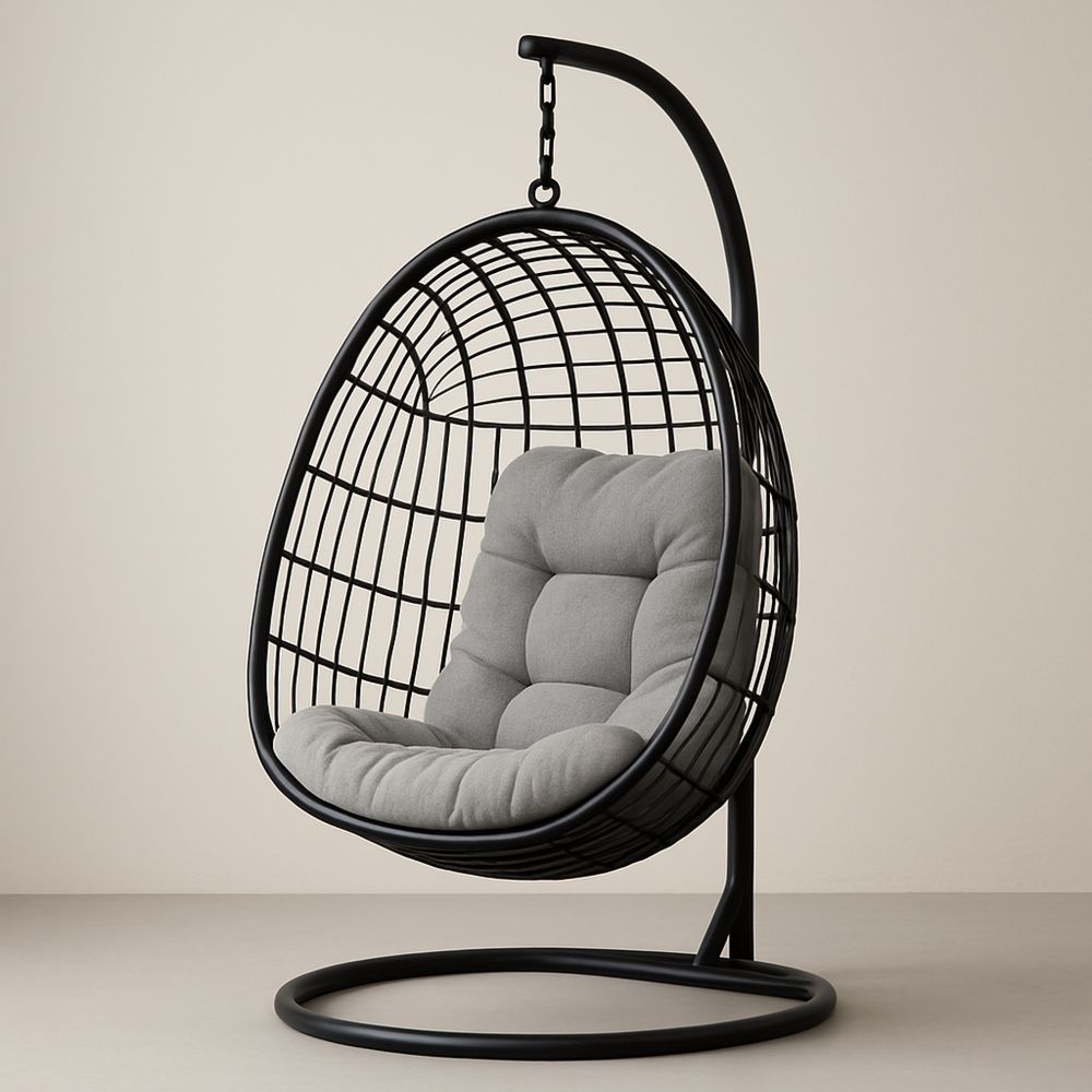 Függő hintaszék acél vázzal, szürke párnával