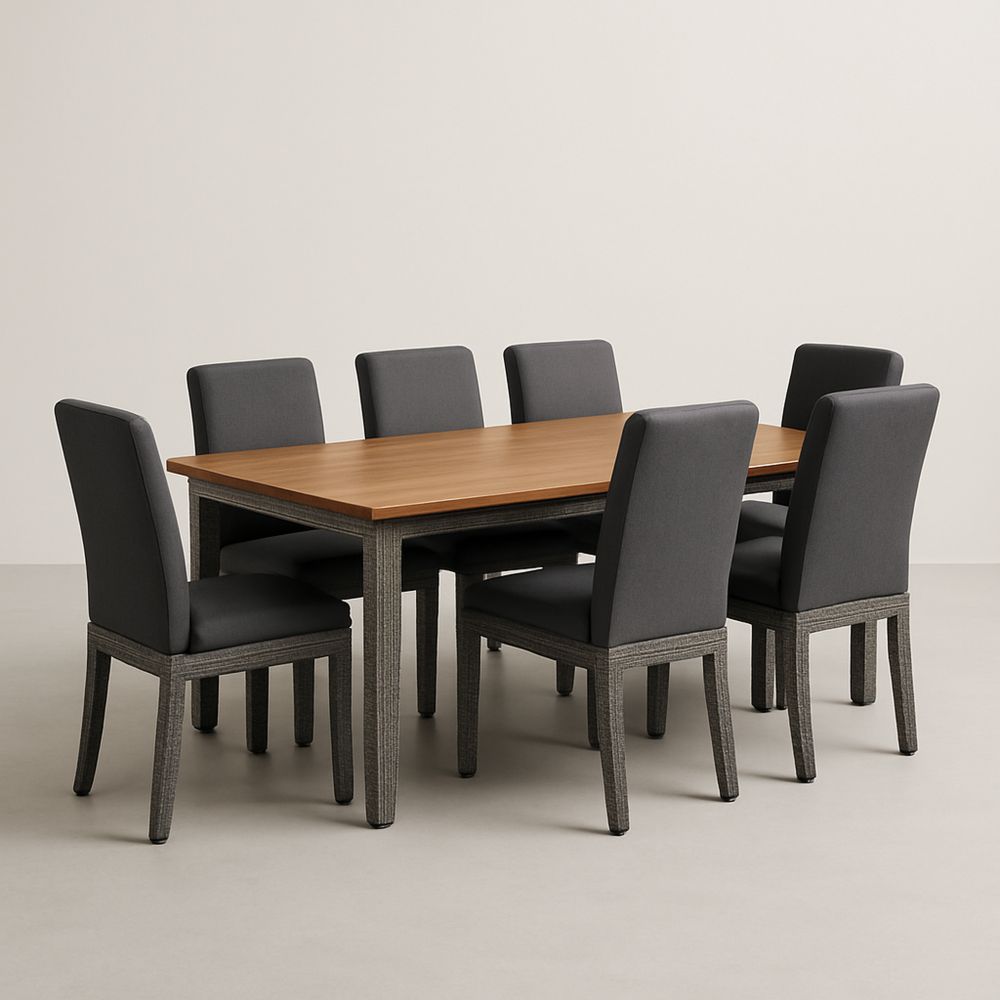 Étkezőasztal garnitúra 7 székkel, tölgyfa asztallappal, szövet huzattal