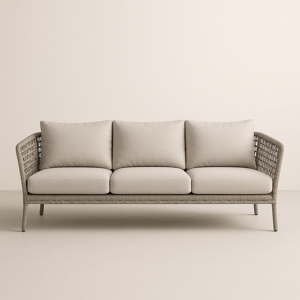 Háromszemélyes kültéri kanapé fonott alumínium kerettel, poliészter, Bézs, 200 cm
