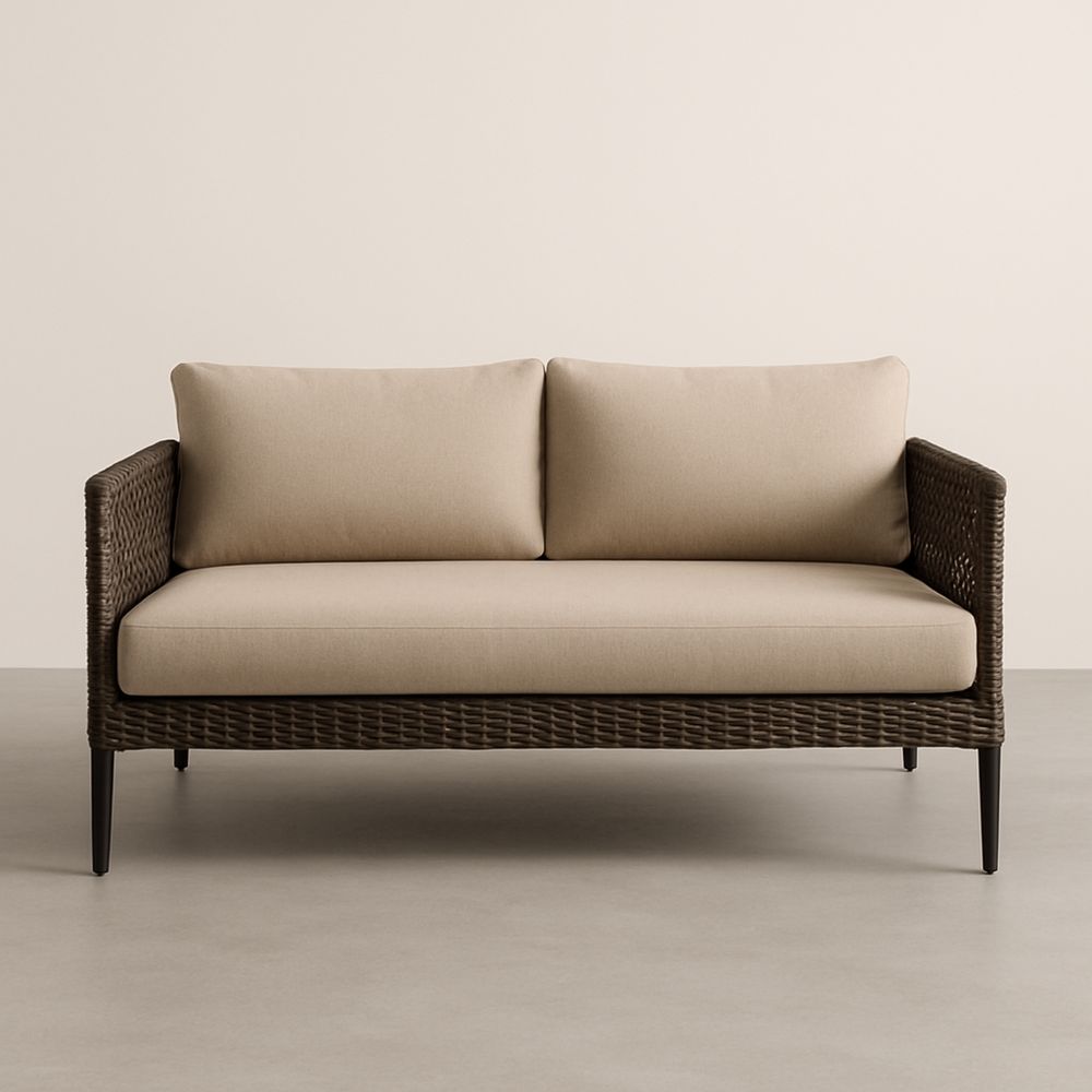 Kétszemélyes kanapé fém váz fonott borítás poliészter kárpitozás Bézs