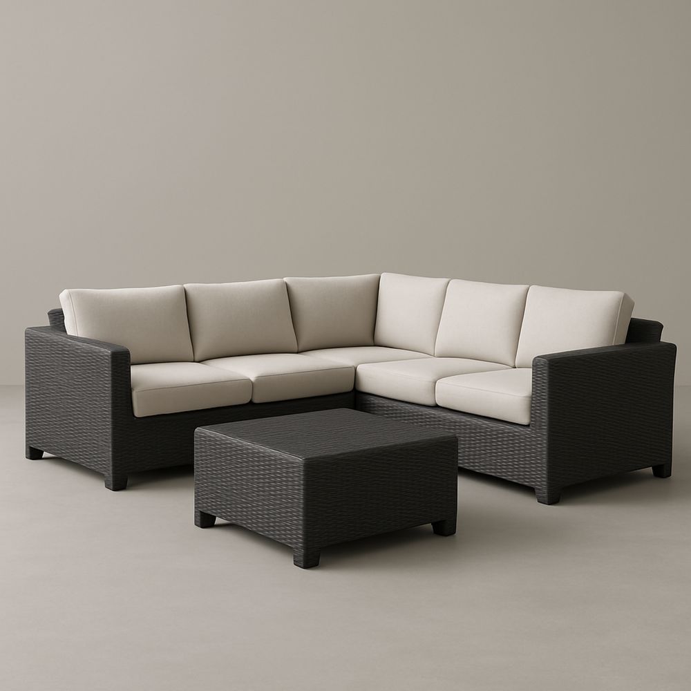 Műrattan sarok ülőgarnitúra szett bézs párnákkal, 210 cm x 210 cm x 80 cm