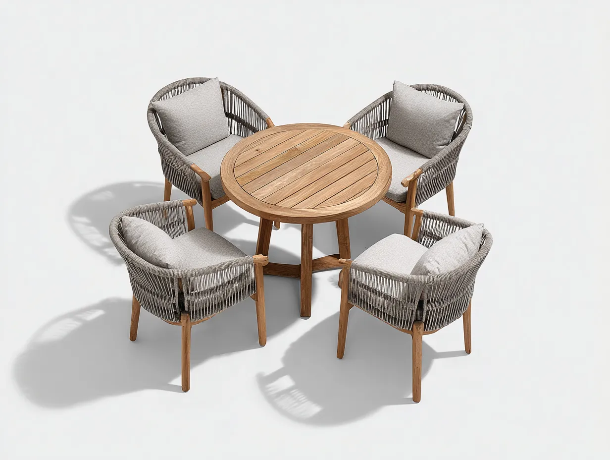 Set da pranzo da esterno - legno-corda sintetica - 120x120x75 cm - naturale-grigio chiaro - stile moderno-Favalyabode