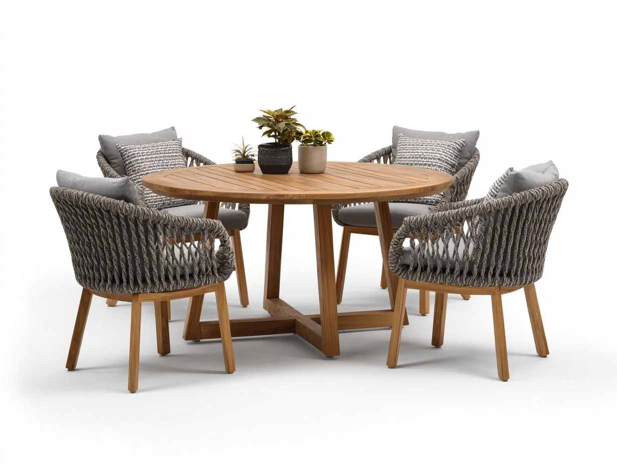 Set da pranzo da esterno - legno-corda sintetica - 130x130x75 cm - naturale-grigio - stile contemporaneo-Favalyabode