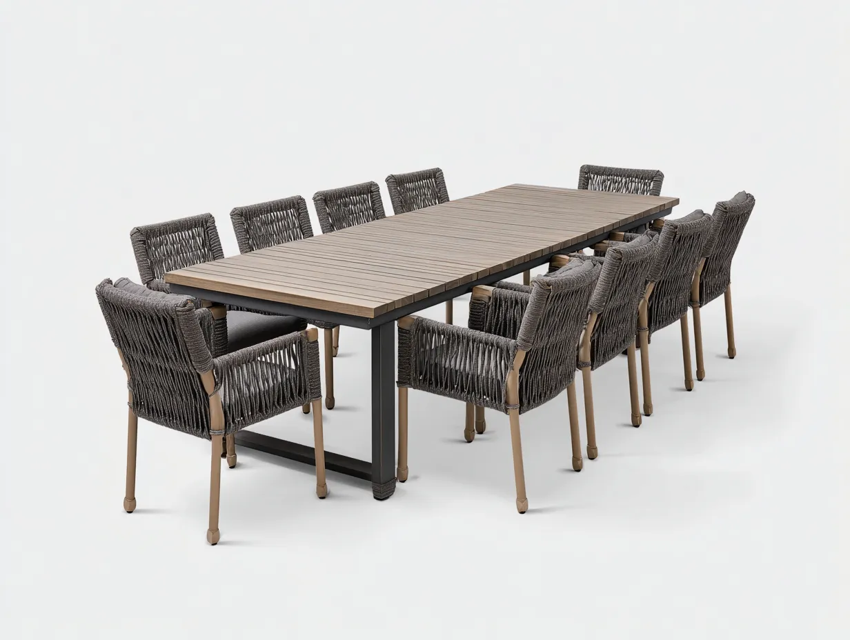 Set da pranzo da esterno - alluminio-legno-corda sintetica - 300x100x75 cm - naturale-grigio - stile contemporaneo-Favalyabode