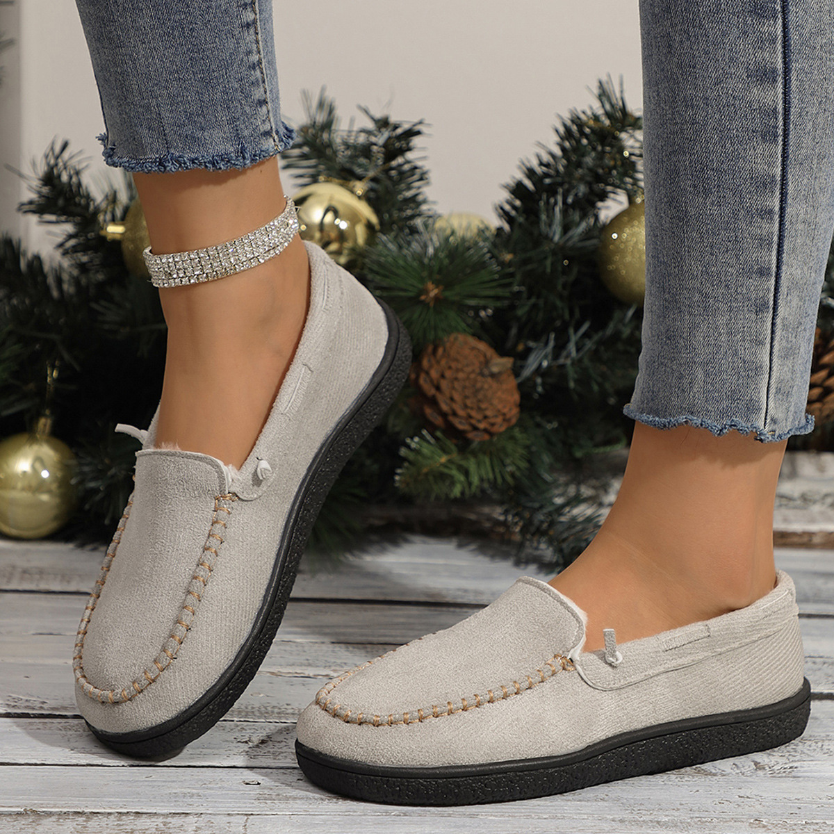 ??Last Day 60% OFF?? Women's Thick Plush Winter Warm Low Heel Fur Lined Slip-On Casual Shoes Warm Shoes