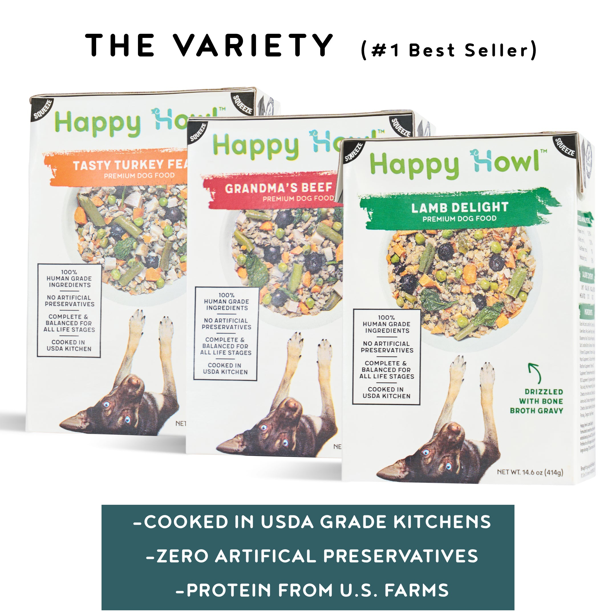 100% Human-Grade Dog Food Variety Pack, Natural Meals with Organic Turkey, Lamb & Beef
