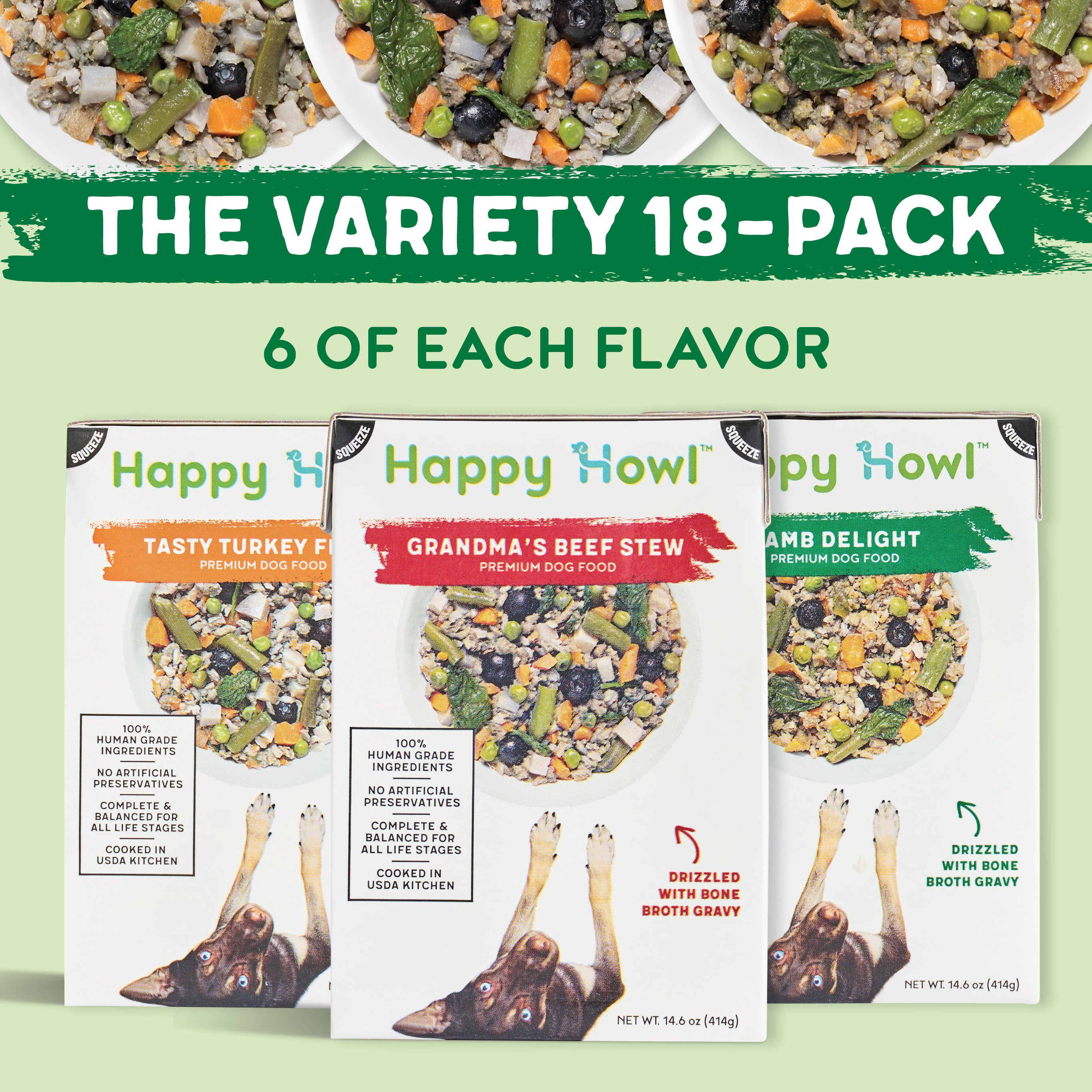 100% Human-Grade Dog Food Variety Pack, Natural Meals with Organic Turkey, Lamb & Beef