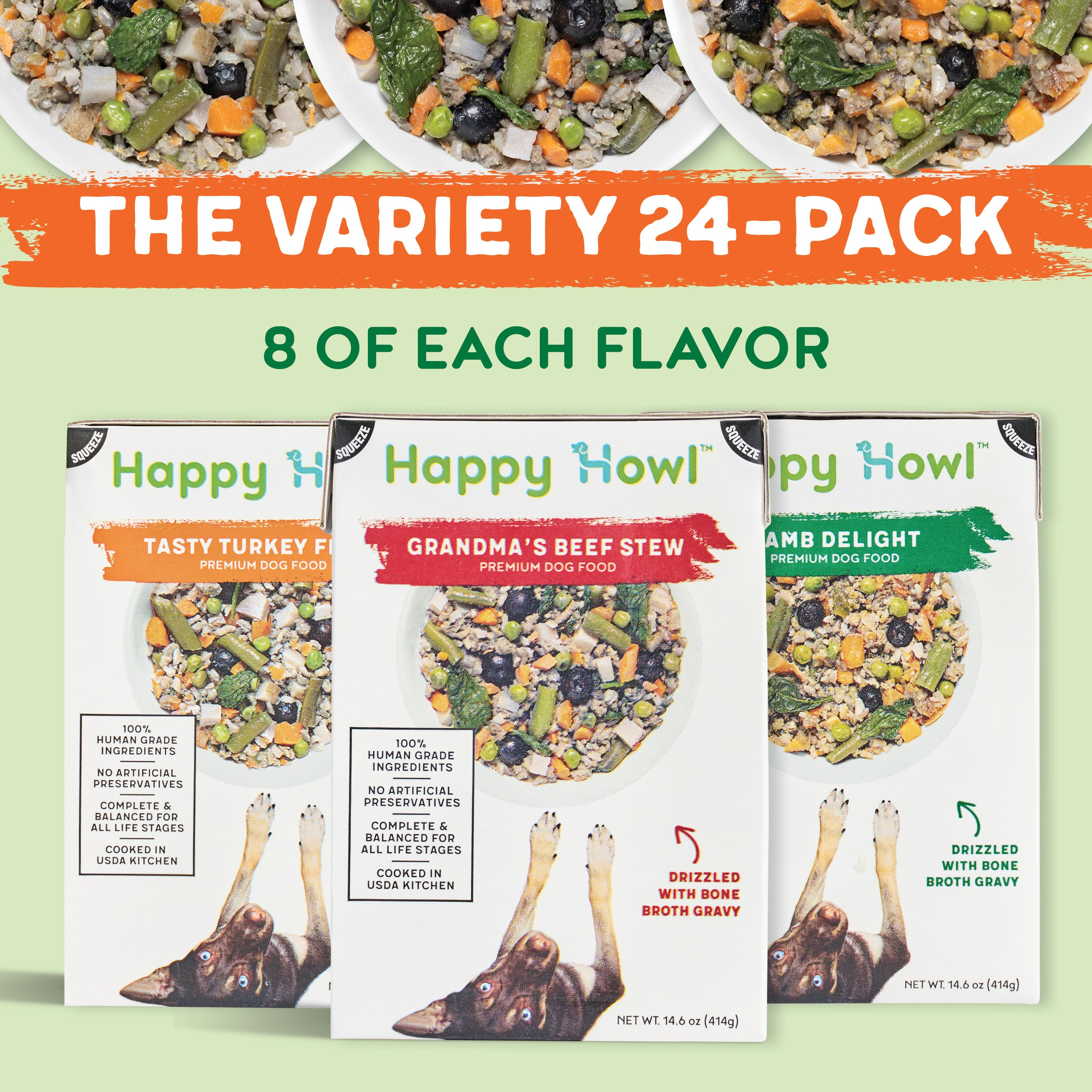 100% Human-Grade Dog Food Variety Pack, Natural Meals with Organic Turkey, Lamb & Beef