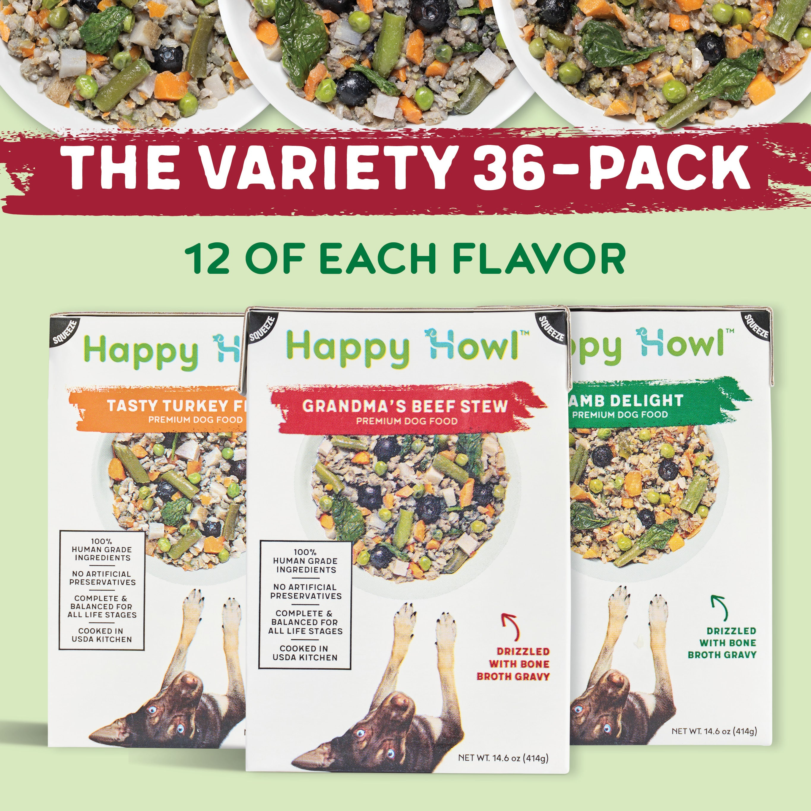 100% Human-Grade Dog Food Variety Pack, Natural Meals with Organic Turkey, Lamb & Beef