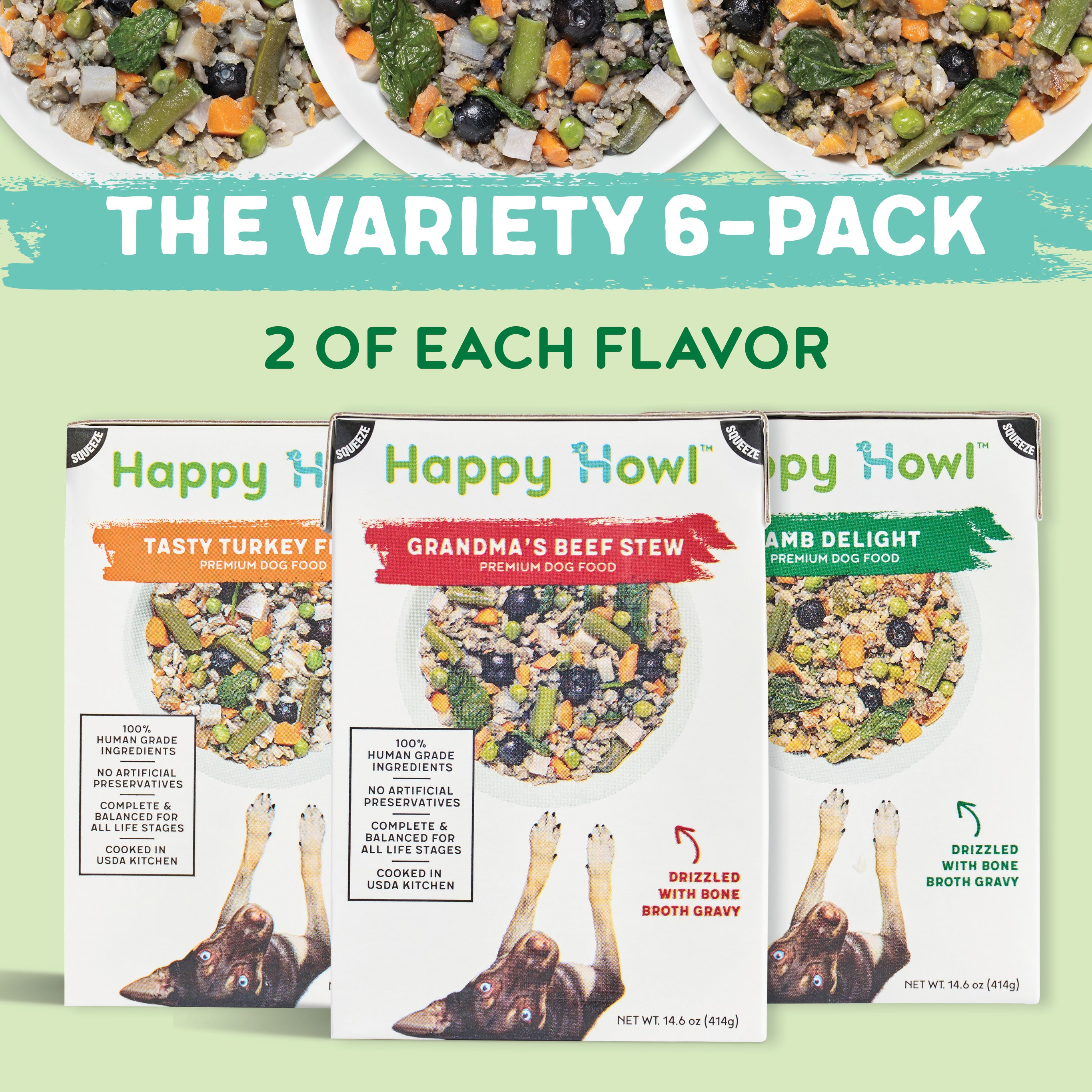 100% Human-Grade Dog Food Variety Pack, Natural Meals with Organic Turkey, Lamb & Beef