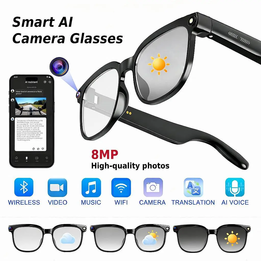 Smart Al Camera Glasses with 8MP Photochromic Lenses