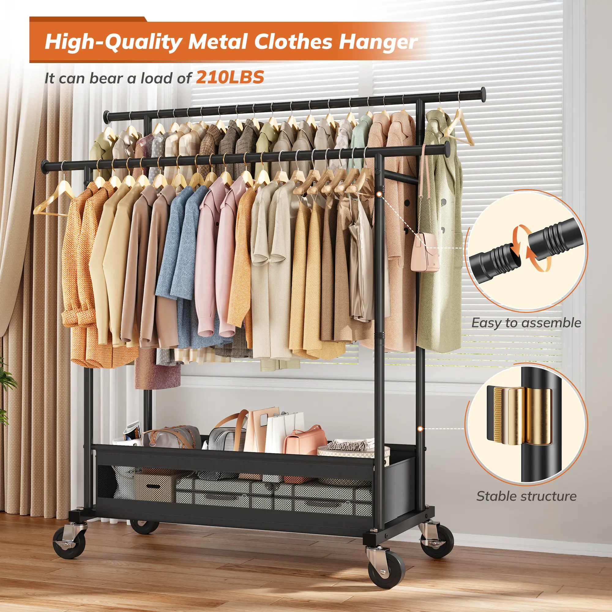 Raybee Heavy Duty Clothing Racks with Net Pocket Holds Up to 210lbs,Double Rod Metal Clothes Rack for Hanging, Rolling Garment Rack with Wheels Portable Closet Racks for Bedroom, Laundry Room,Dorm, Black, White, Gold