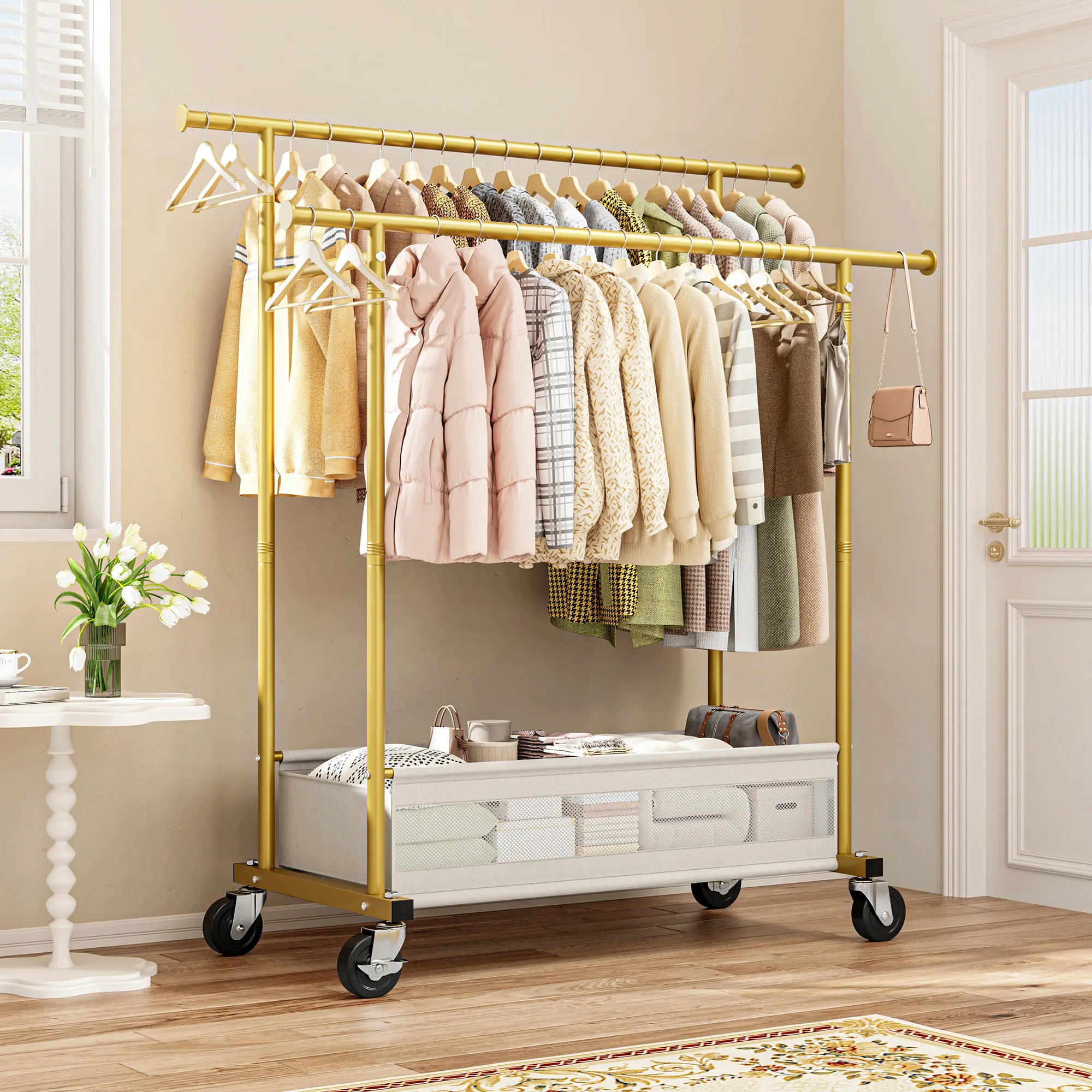 Raybee Heavy Duty Clothing Racks with Net Pocket Holds Up to 210lbs,Double Rod Metal Clothes Rack for Hanging, Rolling Garment Rack with Wheels Portable Closet Racks for Bedroom, Laundry Room,Dorm, Black, White, Gold