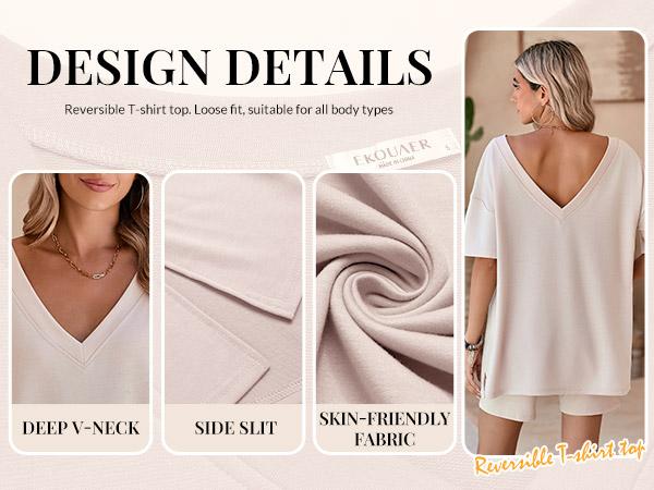 EKOUAER V-neck Two-Piece Pajama Set For Women Summer Casual Oversized Split Hem Shirts & Biker Shorts Minimalist Lounge Wear Soft Homewear Cozy Pjs Clothes Comfy