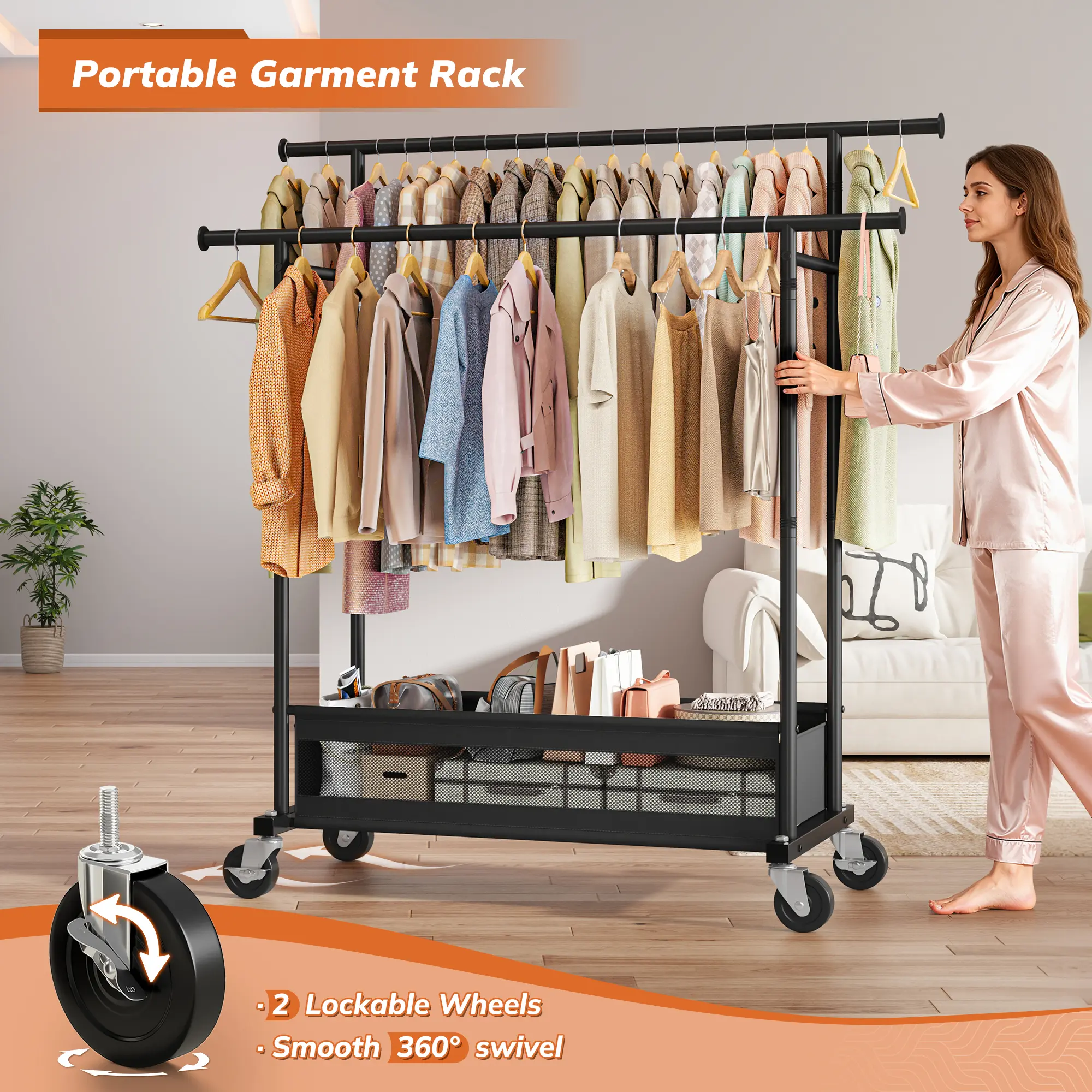 Raybee Heavy Duty Clothing Racks with Net Pocket Holds Up to 210lbs,Double Rod Metal Clothes Rack for Hanging, Rolling Garment Rack with Wheels Portable Closet Racks for Bedroom, Laundry Room,Dorm, Black, White, Gold