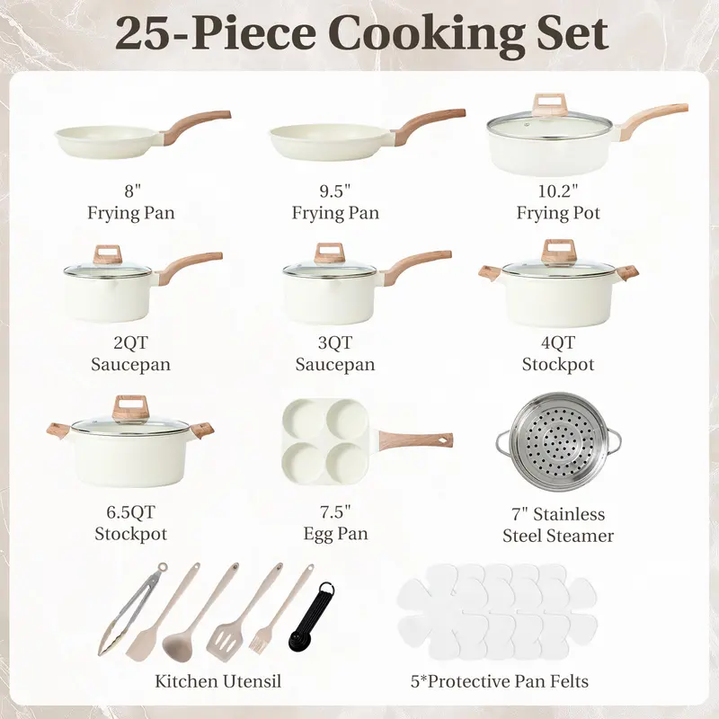 25-Piece Sturdy Non-Stick Ceramic Granite Cookware Set